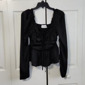 Six Fifty Womens Black Ruby Blouse Size SM Smocked Puff Shoulders Milkmaid Goth